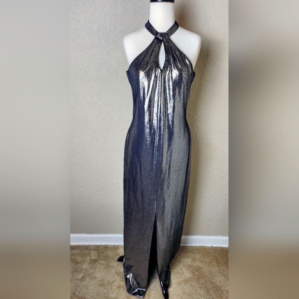 Alex Evenings Vintage Y2K 90's Silver Metallic Halter Midi Cocktail Dress Size 8